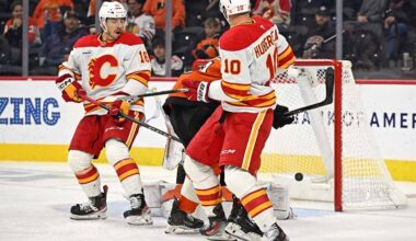 Nov 2, 2025; Philadelphia, Pennsylvania, USA; Calgary Flames left wing Jonathan Huberdeau (10) deflects the puck for a goal against the Philadelphia Flyers during the third period at Xfinity Mobile Arena.