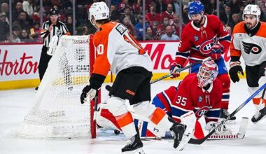 Nov 4, 2025; Montreal, Quebec, CAN; Philadelphia Flyers right wing Bobby Brink (10) scores a goal against Montreal Canadiens goalie Sam Montembeault (35) during the first period at Bell Centre.