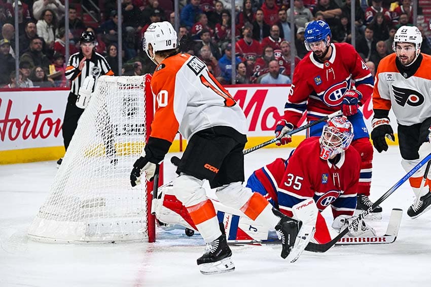 Nov 4, 2025; Montreal, Quebec, CAN; Philadelphia Flyers right wing Bobby Brink (10) scores a goal against Montreal Canadiens goalie Sam Montembeault (35) during the first period at Bell Centre.