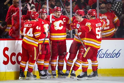 Calgary Flames players celebrate goal during 2025 game.