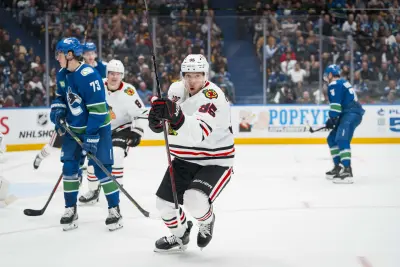 Nov 5, 2025; Vancouver, British Columbia, CAN; Chicago Blackhawks forward Ilya Mikheyev (95) celebrates his goal against the Vancouver Canucks in the third period at Rogers Arena. Mandatory Credit: Bob Frid-Imagn Images