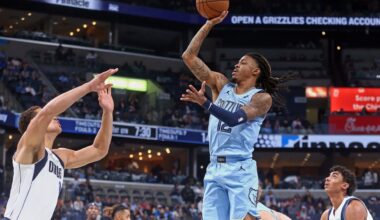 Nov 7, 2025; Memphis, Tennessee, USA; Memphis Grizzlies guard Ja Morant (12) shoots during the first quarter against the Dallas Mavericks at FedExForum. Mandatory Credit: Petre Thomas-Imagn Images