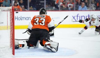Nov 8, 2025; Philadelphia, Pennsylvania, USA; Philadelphia Flyers goalie Samuel Ersson (33) allows a goal against Ottawa Senators center Tim Stutzle (18) in the first period at Xfinity Mobile Arena.