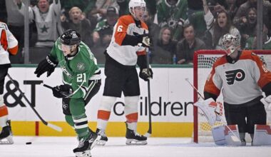 Nov 15, 2025; Dallas, Texas, USA; Dallas Stars left wing Jason Robertson (21) celebrates after he scores his third goal of the game against Philadelphia Flyers goaltender Dan Vladar (80) during the third period at the American Airlines Center.
