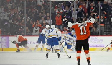 Nov 20, 2025; Philadelphia, Pennsylvania, USA; Philadelphia Flyers right wing Travis Konecny (11) celebrates game-winning goal in overtime by Philadelphia Flyers defenseman Travis Sanheim (6) against the St. Louis Blues at Xfinity Mobile Arena.