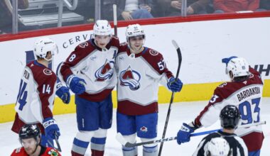 Colorado Avalanche defenseman Cale Makar (8) celebrates with teammates after scoring against the Chicago Blackhawks during the second period at United Center. Mandatory Credit: Kamil Krzaczynski-Imagn Images