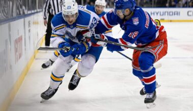 Logan Mailloux, back with the Blues, looks like his confidence has been restored