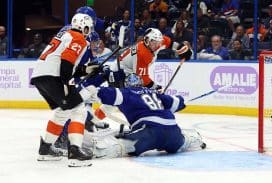Nov 24, 2025; Tampa, Florida, USA; Tampa Bay Lightning goaltender Andrei Vasilevskiy (88) defends Philadelphia Flyers right wing Tyson Foerster (71) during the second period at Benchmark International Arena.