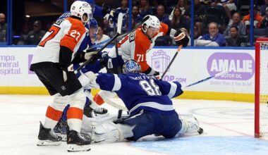 Nov 24, 2025; Tampa, Florida, USA; Tampa Bay Lightning goaltender Andrei Vasilevskiy (88) defends Philadelphia Flyers right wing Tyson Foerster (71) during the second period at Benchmark International Arena.