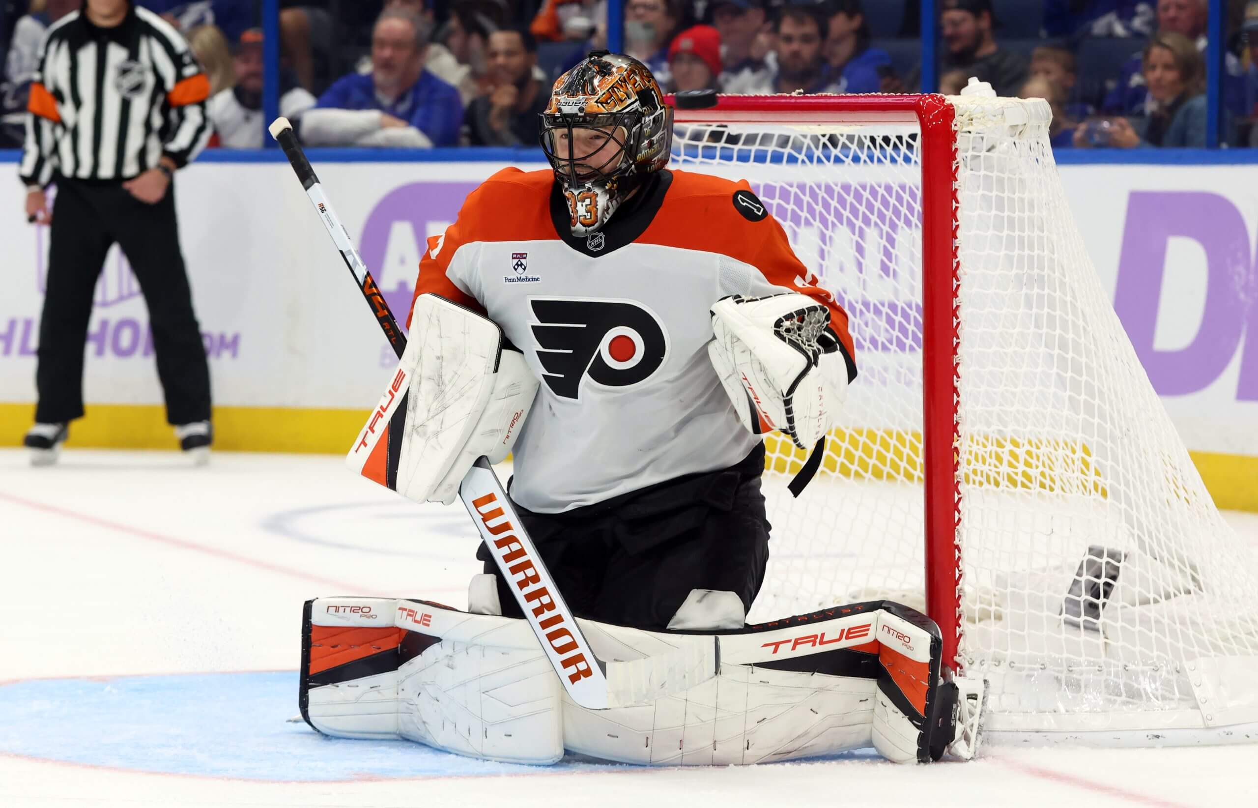 Goalie Samuel Ersson squares up in the Flyers' net.