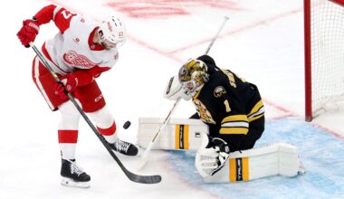 Swayman leads Bruins past Red Wings in shootout