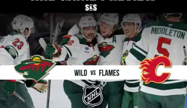 Action shot of NHL players in green jerseys celebrating with team logos for the Wild and Flames, promoting a game preview.