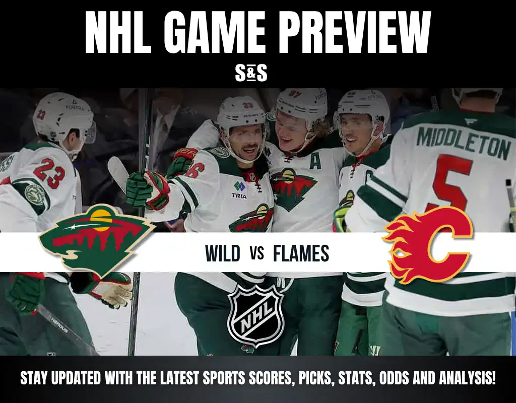 Action shot of NHL players in green jerseys celebrating with team logos for the Wild and Flames, promoting a game preview.