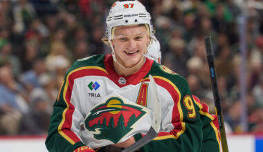 Las Vegas, Nevada, USA; Minnesota Wild left wing Kirill Kaprizov (97) warms up before the start of game five of the first round of the 2025 Stanley Cup Playoffs against the Vegas Golden Knights at T-Mobile Arena.