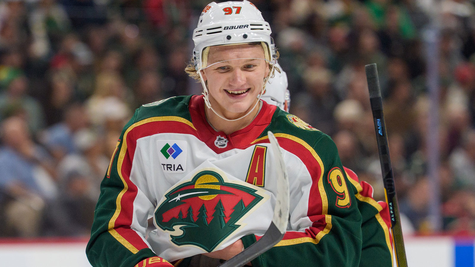 Las Vegas, Nevada, USA; Minnesota Wild left wing Kirill Kaprizov (97) warms up before the start of game five of the first round of the 2025 Stanley Cup Playoffs against the Vegas Golden Knights at T-Mobile Arena.
