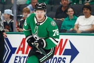 Dallas Stars left wing Adam Erne (76) skates during the first period of an NHL preseason...