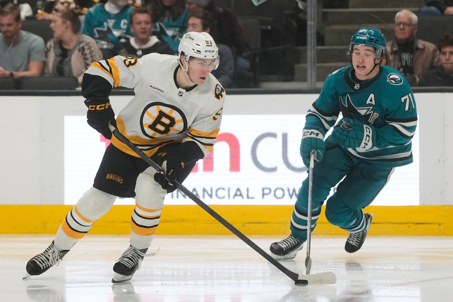 Bruins center Fraser Minten (left) ranks third on the team in time on ice shorthanded.