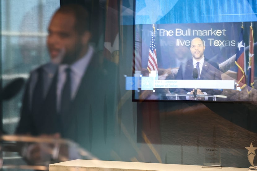 The livestream of Dallas Mayor Eric Johnson is seen as he delivers the annual State of the...