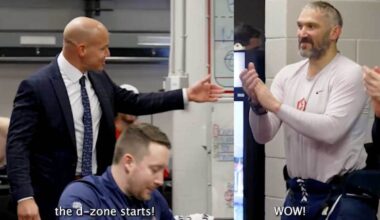 Alex Ovechkin jokes with Spencer Carbery that he should get first defensive-zone start of season after scoring goal post-icing call