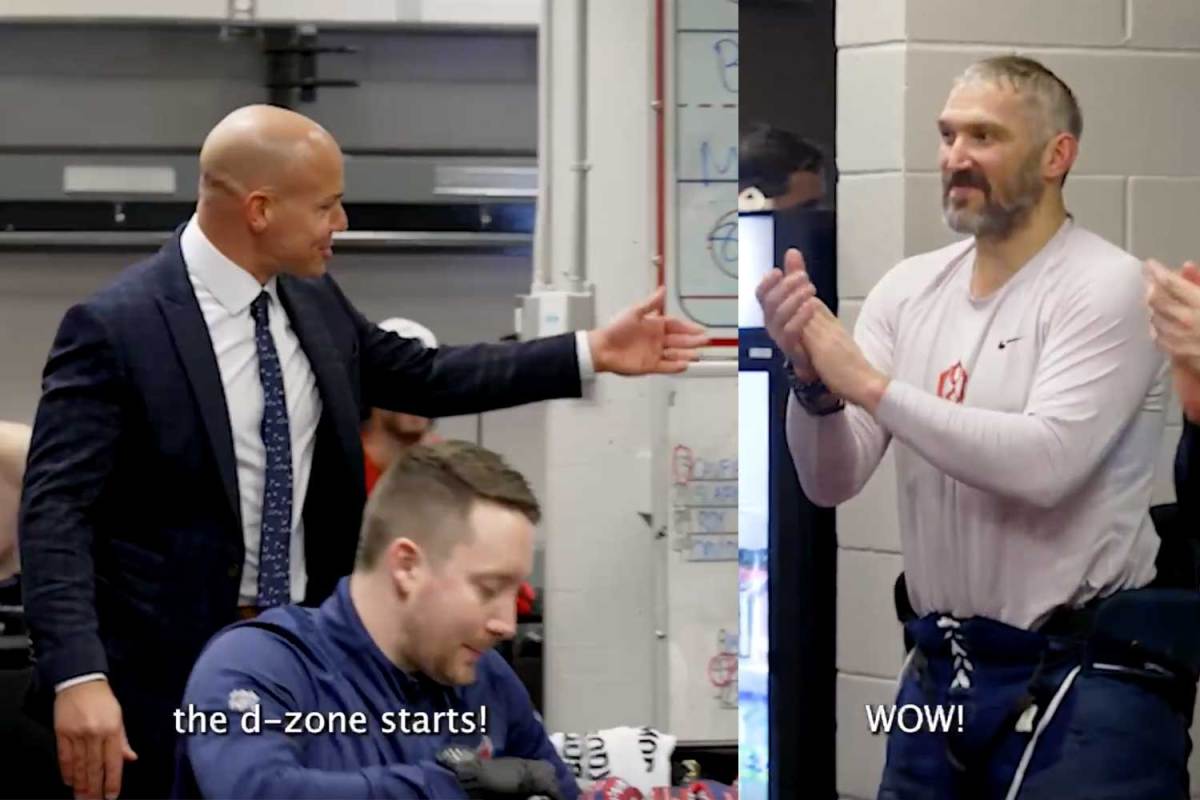 Alex Ovechkin jokes with Spencer Carbery that he should get first defensive-zone start of season after scoring goal post-icing call