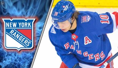 Artemi Panarin of the New York Rangers looking down ice during a game, subject of trade rumors to Carolina and Minnesota.