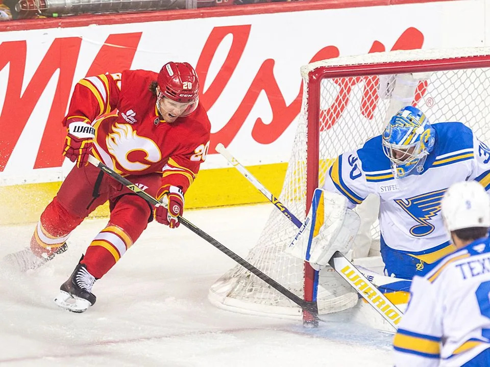  Blake Coleman takes the puck to the net against the St. Louis Blues on Oct. 11.