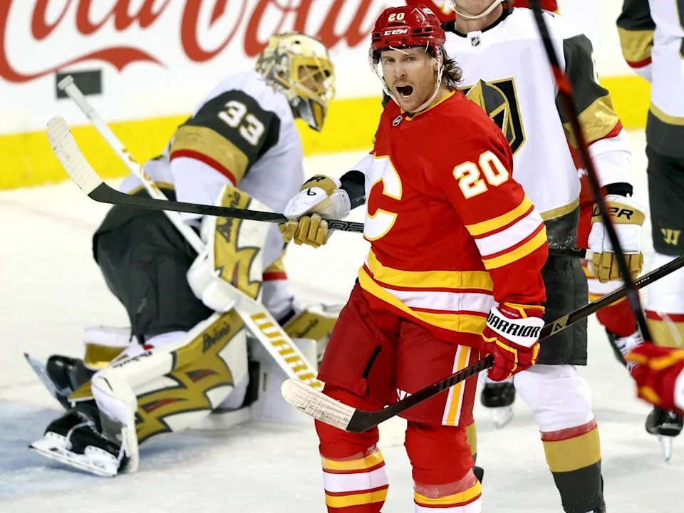  Calgary Flames Blake Coleman scores on Vegas Golden Knights goalie Adin Hill in first period NHL action at the Scotiabank Saddledome in Calgary on October 14, 2025. Darren Makowichuk/Postmedia
