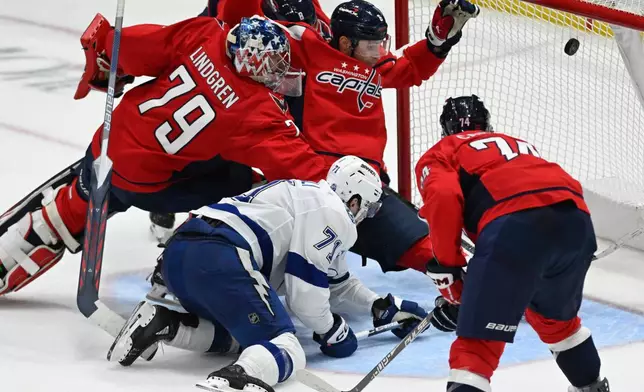 Tampa Bay Lightning center Anthony Cirelli scores a goal past Washington Capitals goaltender Charlie Lindgren (79) during the third period of an NHL hockey game, Saturday, Nov. 22, 2025, in Washington. (AP Photo/John McDonnell)