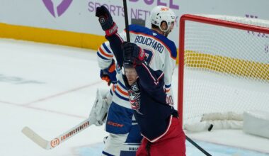 Columbus Blue Jackets right wing Mathieu Olivier (24) celebrates his goal in front of Edmonton Oilers center Curtis Lazar (20) in the first period of an NHL hockey game in Columbus, Thursday, Nov. 13, 2025. (AP Photo/Sue Ogrocki)
