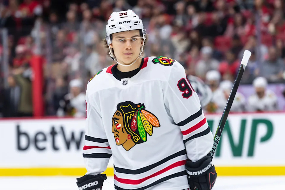 Chicago Blackhawks center Connor Bedard (98) skates during a stoppage of play.Marc DesRosiers-Imagn Images