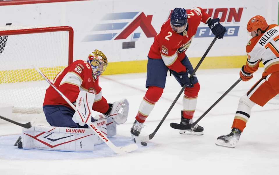 Florida Panthers defenseman Jeff Petry (2) and goaltender Daniil Tarasov (40) block a shot by Anaheim Ducks left wing Alex Killorn (17) during the second period of a game on Tuesday, Oct. 28, 2025, at Amerant Bank Arena in Sunrise, Fla.