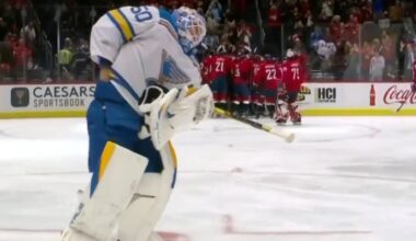 Moment opposing NHL goalie attempts to steal Alex Ovechkin's puck from historic 900th goal