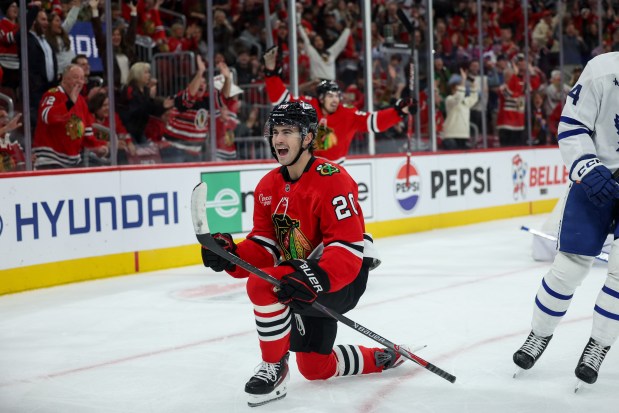 Chicago Blackhawks center Ryan Greene (20) celebrates after scoring a goal past Toronto Maple Leafs goaltender Joseph Woll (60) during the first period at the United Center Saturday Nov. 15, 2025 in Chicago. (Armando L. Sanchez/Chicago Tribune)