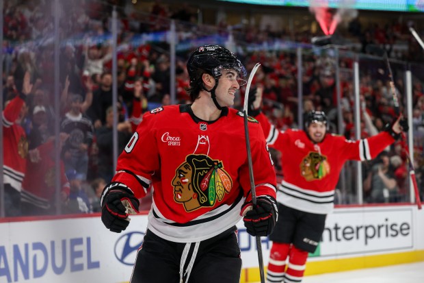 Chicago Blackhawks center Ryan Greene (20) celebrates after scoring a goal past Toronto Maple Leafs goaltender Joseph Woll (60) during the first period at the United Center Saturday Nov. 15, 2025 in Chicago. (Armando L. Sanchez/Chicago Tribune)