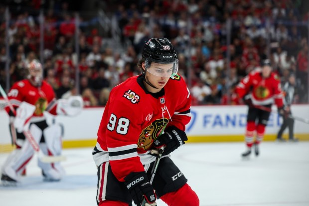 Chicago Blackhawks center Connor Bedard (98) skates on the ice during the second period against the Toronto Maple Leafs at the United Center Saturday Nov. 15, 2025 in Chicago. (Armando L. Sanchez/Chicago Tribune)