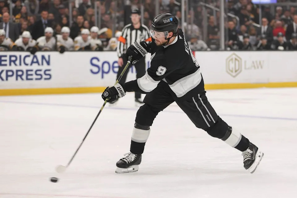 Right wing Adrian Kempe #9 of the Los Angeles Kings shoots the puck during an NHL hockey game against the Boston Bruins, Friday November 21, 2025 in Los Angeles, Calif.