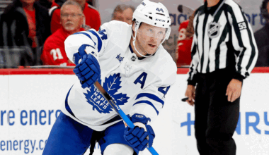 Toronto Maple Leafs defenseman Morgan Rielly (44) skates with the puck in the third period against the Detroit Red Wings at Little Caesars Arena.