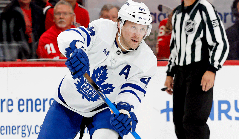 Toronto Maple Leafs defenseman Morgan Rielly (44) skates with the puck in the third period against the Detroit Red Wings at Little Caesars Arena.