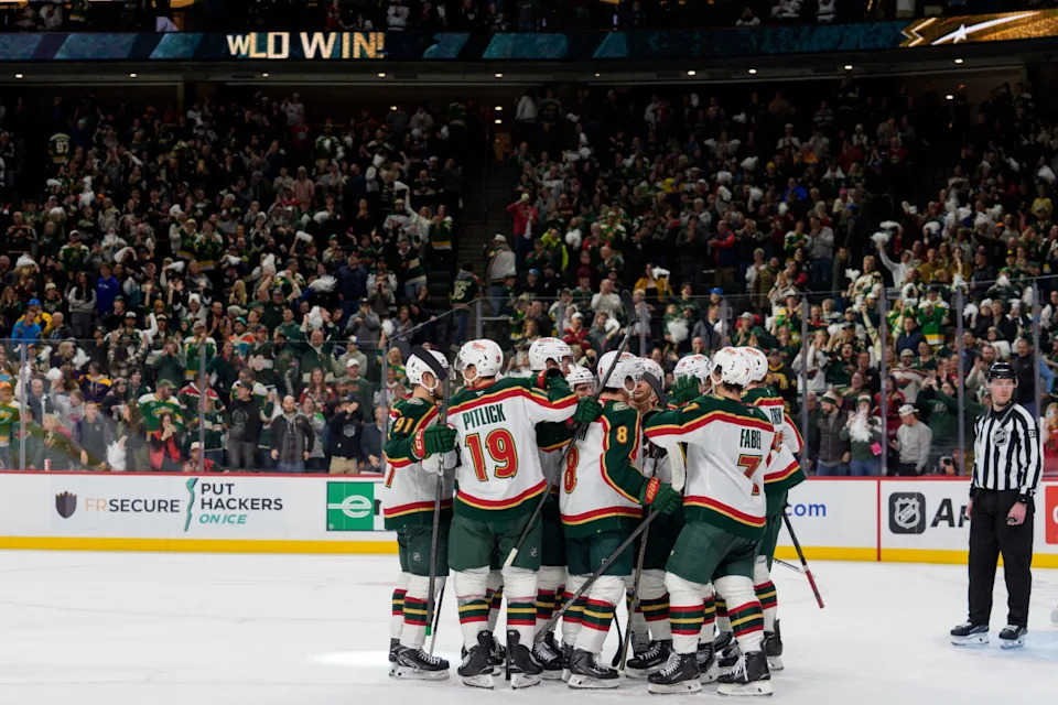The Minnesota Wild celebrate an overtime win at Grand Casino Arena.Matt Blewett-Imagn Images