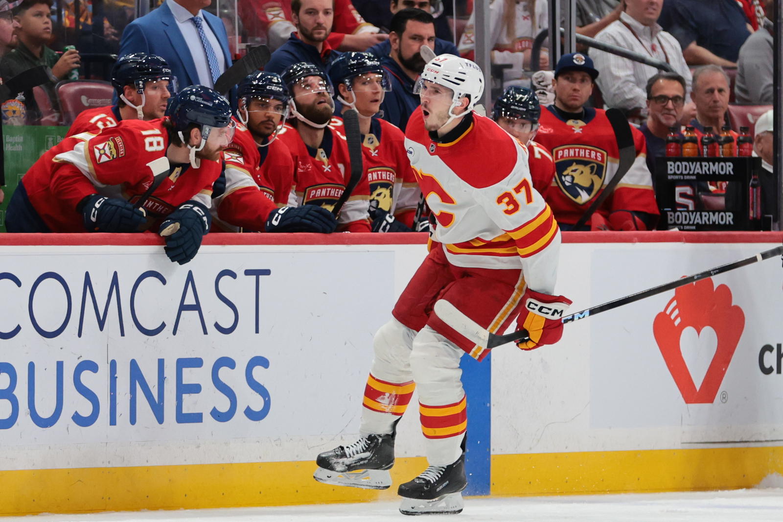 Calgary Flames defenceman Yan Kuznetsov (37) celebrates after scoring against the Florida Panthers during the first period of their game at Amerant Bank Arena in Sunrise, Florida. (Source: Sam Navarro-Imagn Images)