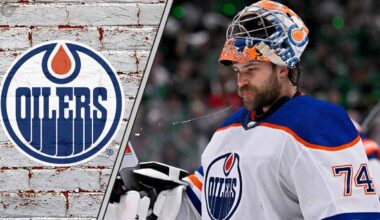 Edmonton Oilers goalie Stuart Skinner looks dejected during a game, highlighting the team's need for a goaltending upgrade.