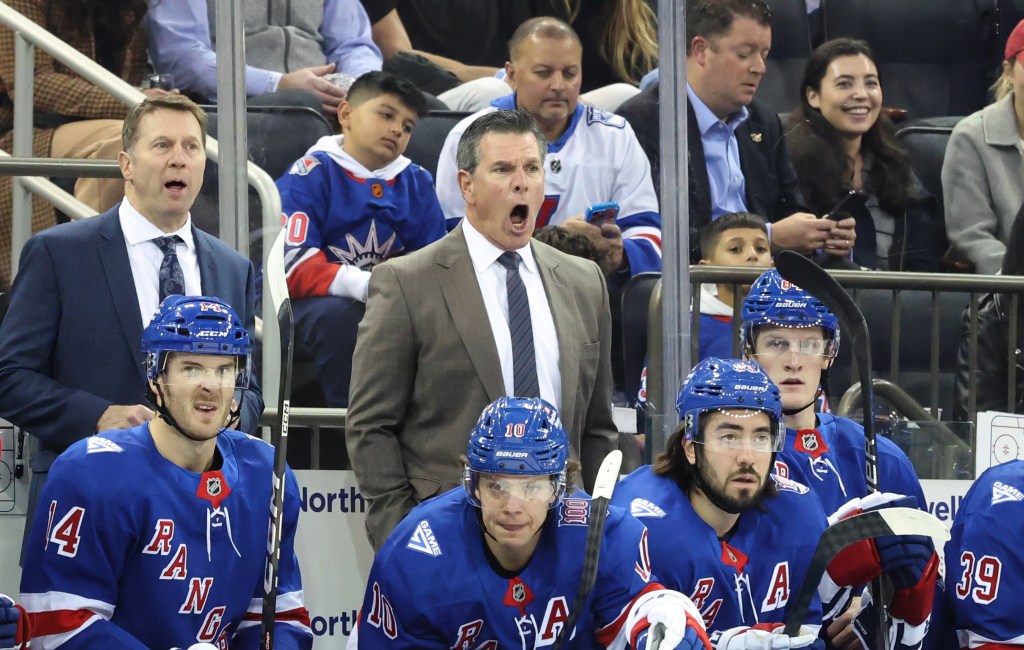 New York Rangers head coach Mike Sullivan reacts on the bench during the first period.
