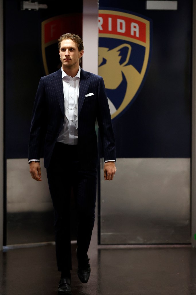 Eetu Luostarinen #27 of the Florida Panthers arrives for the game against the Washington Capitals at the Amerant Bank Arena on November 13, 2025 in Sunrise, Florida. 