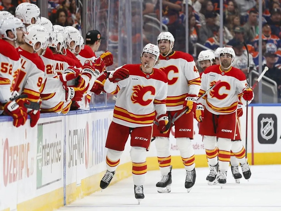  Flames forward Connor Zary celebrates a goal against the Oilers on Oct. 8 in Edmonton.