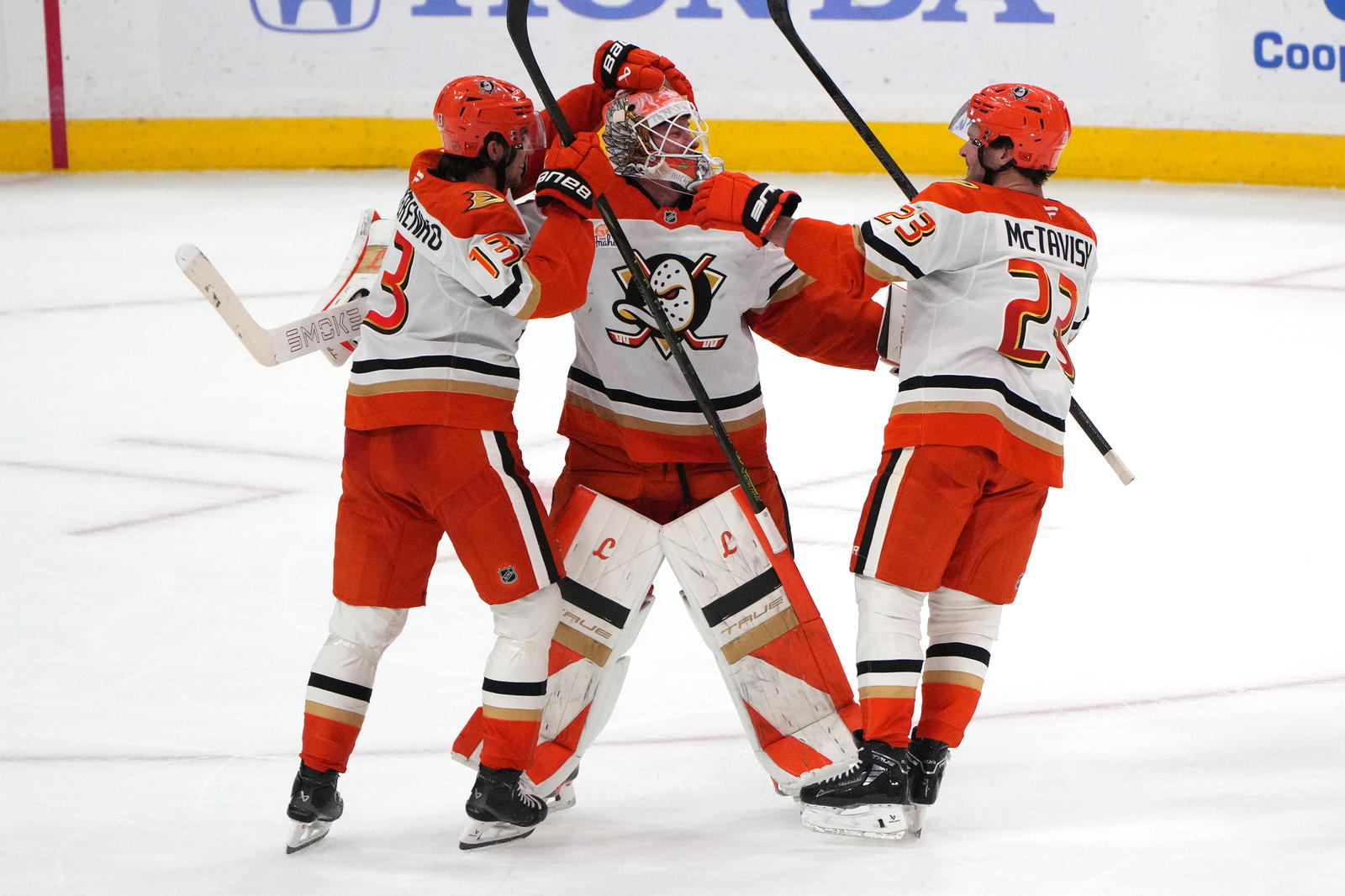 Nikita Nesterenko, Lukas Dostal and Mason McTavish (Jim Rassol-Imagn Images)