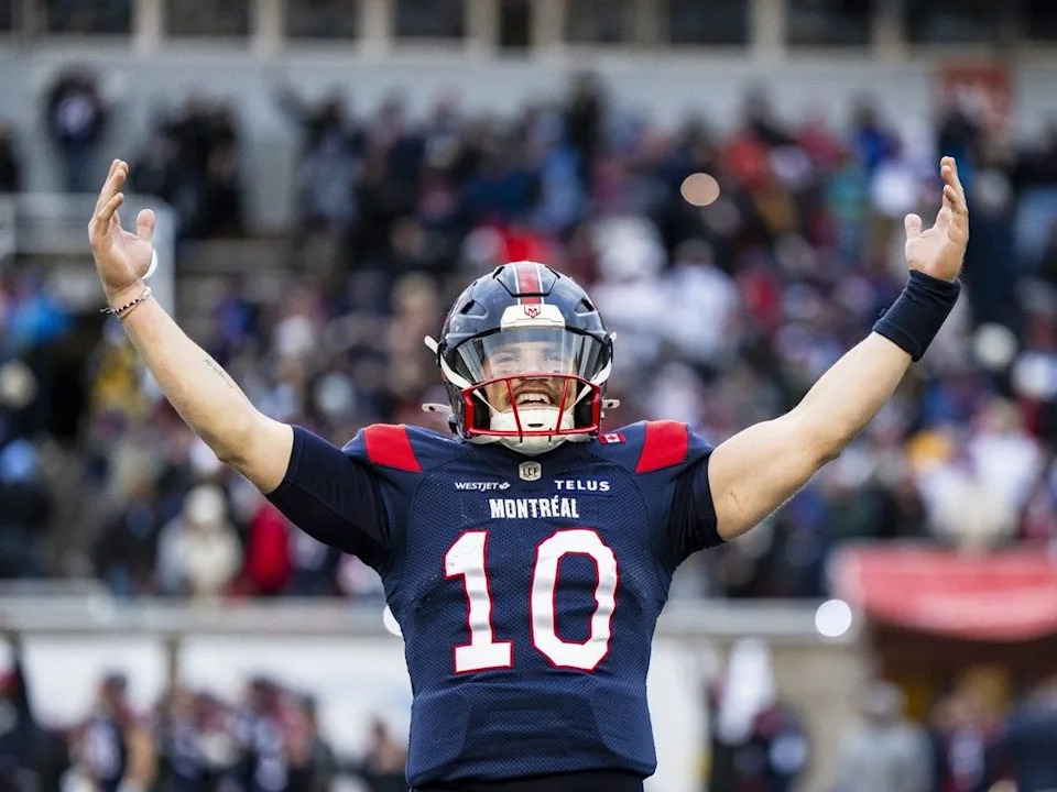  Alouettes quarterback Davis Alexander celebrates during second half Eastern semifinal action against the Blue Bombers at Molson Stadium on Sat., Nov. 1, 2025.