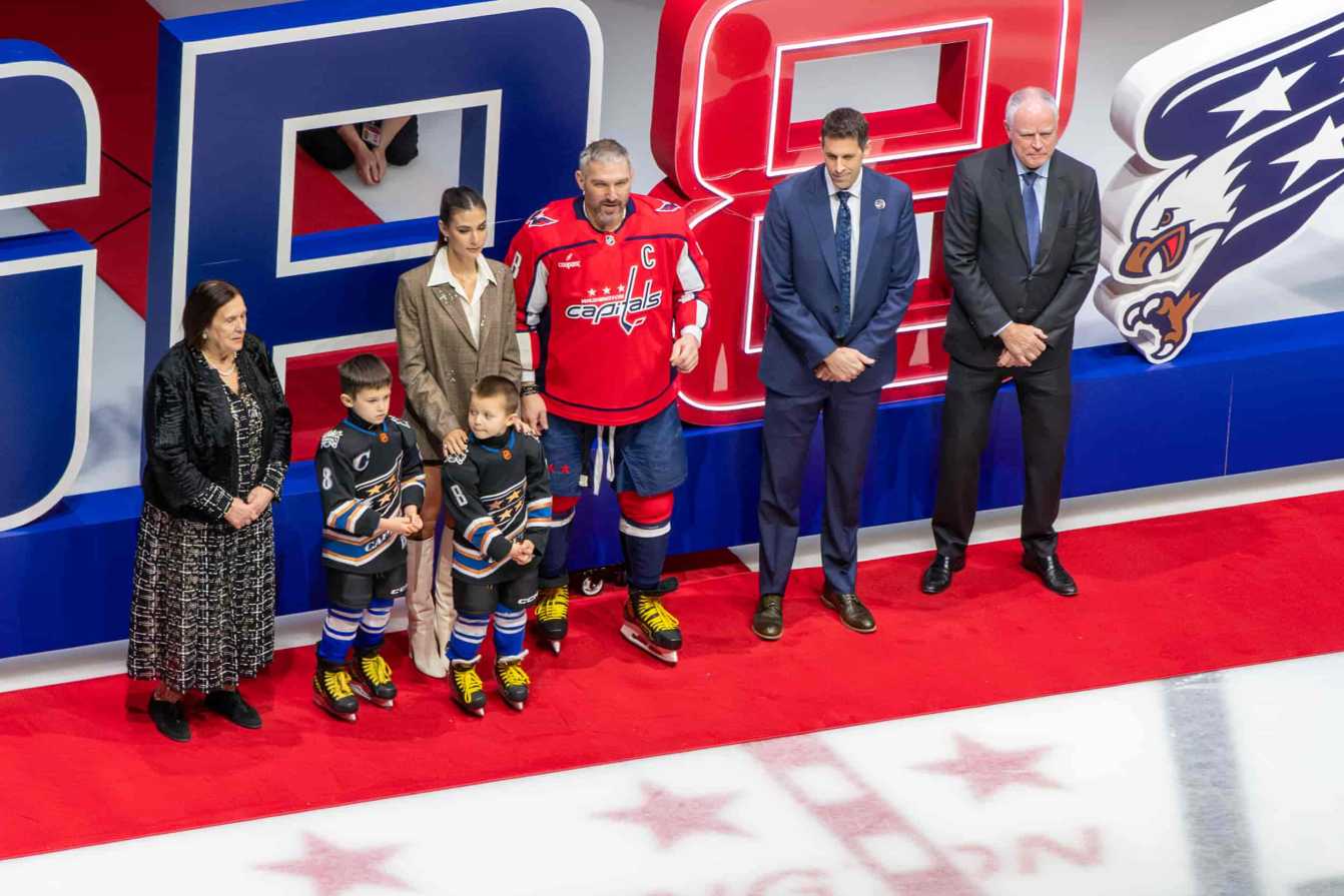 Alex Ovechkin and his family during a pregame ceremony