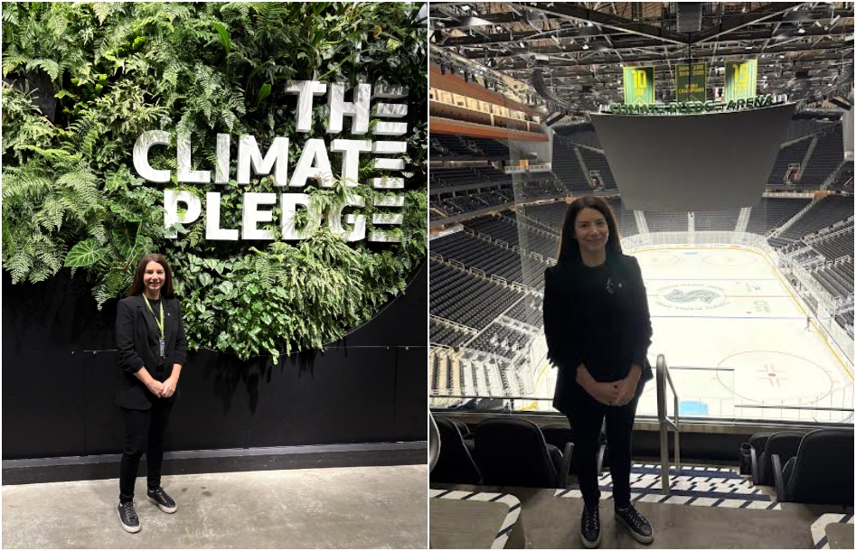 Two pictures of Katie Townsend standing in the Climate Pledge Arena, one by general signage and one in the arena's bleachers 