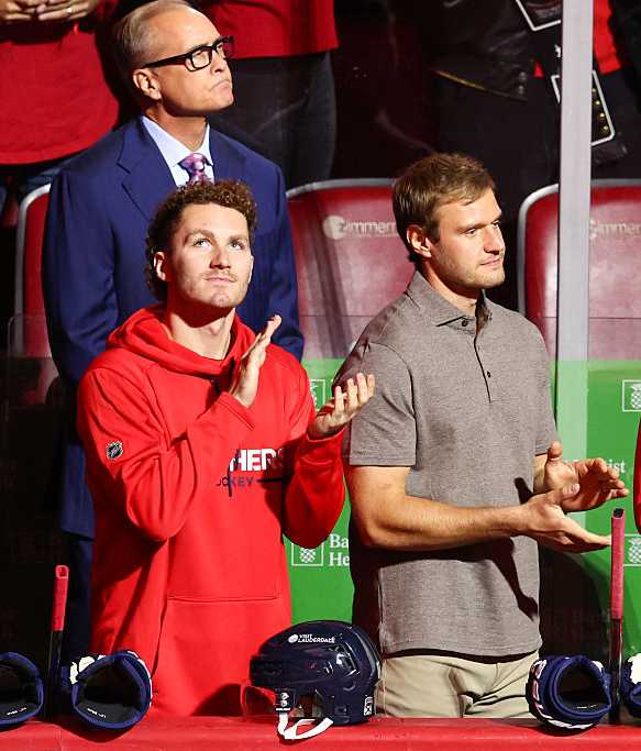 Chicago Blackhawks v Florida Panthers SUNRISE, FLORIDA - OCTOBER 07: Head coach Paul Maurice, Matthew Tkachuk #19, Aleksander Barkov #16, and Tomas Nosek #92 of the Florida Panthers watch the 2025 Stanley Cup championship banner be raised over the ice during a ceremony before the Florida Panthers' home opener against the Chicago Blackhawks at Amerant Bank Arena on October 07, 2025 in Sunrise, Florida. (Photo by Megan Briggs/Getty Images)