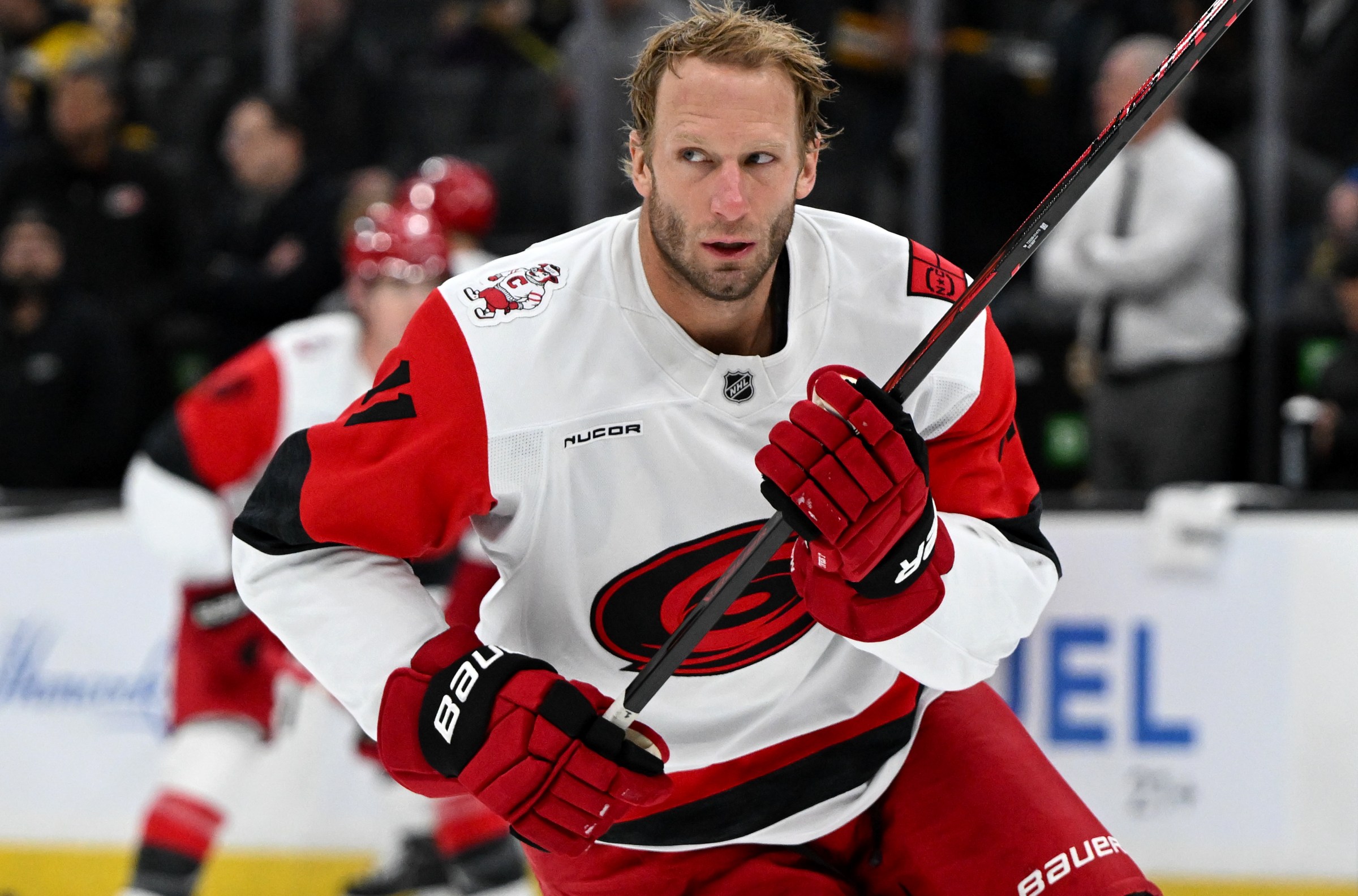 BOSTON, MASSACHUSETTS - NOVEMBER 01: Jordan Staal #11 of the Carolina Hurricanes skates during warmups before a game against the Boston Bruins at the TD Garden on November 01, 2025 in Boston, Massachusetts. (Photo by Brian Fluharty/Getty Images)